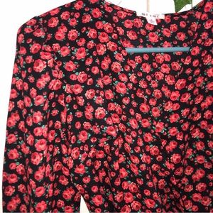 Black and Red Rose Patterned Wrap Dress